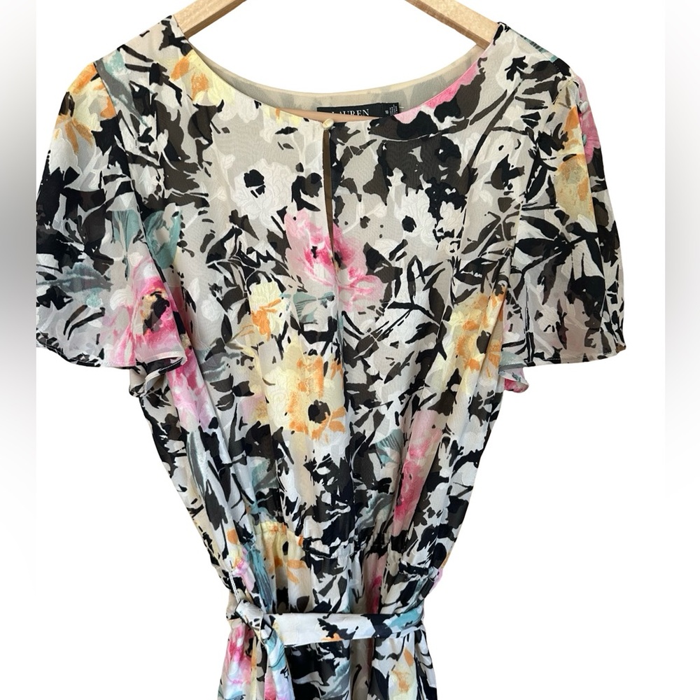 Lauren Ralph Lauren floral Flutter Sleeve Belted Tiered Midi Dress Sz 18 - Picture 2 of 9